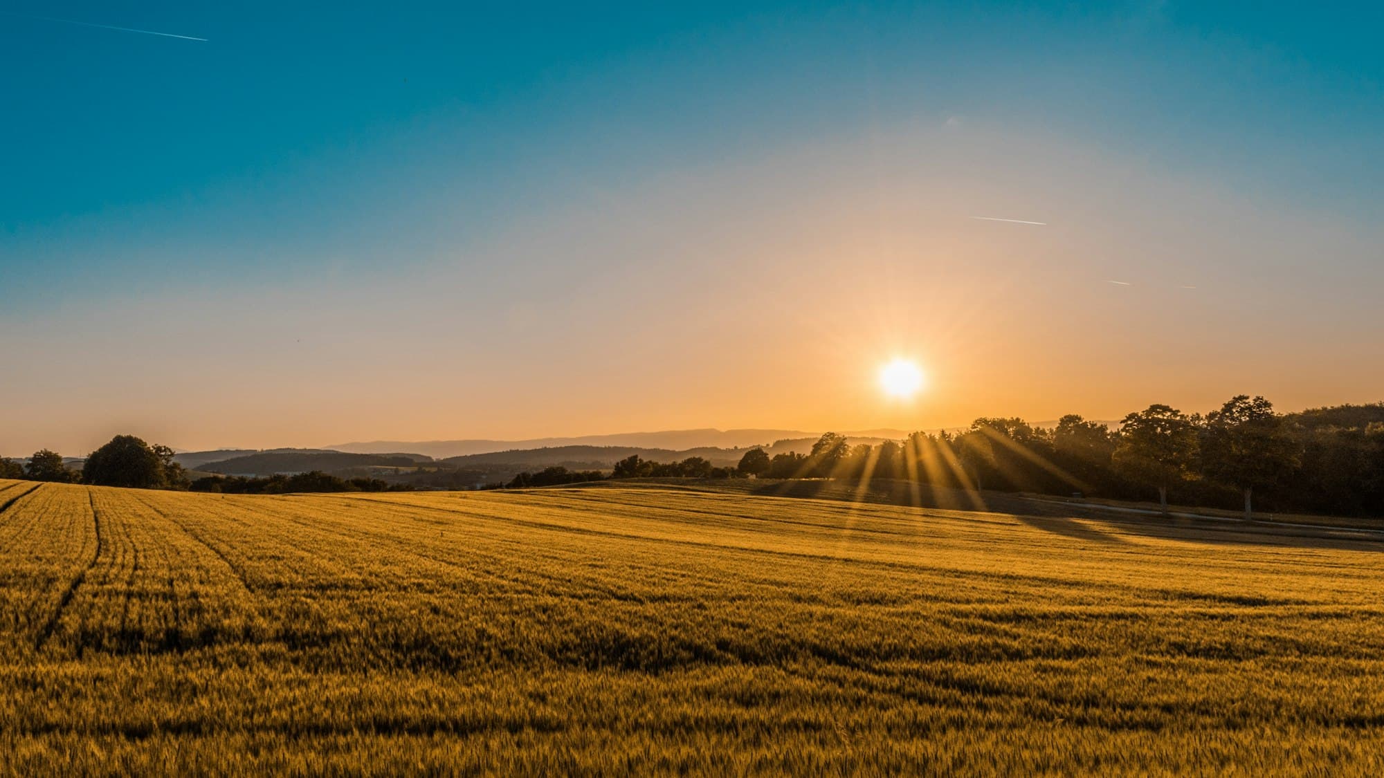 Rolling farmland in a valley at sunset